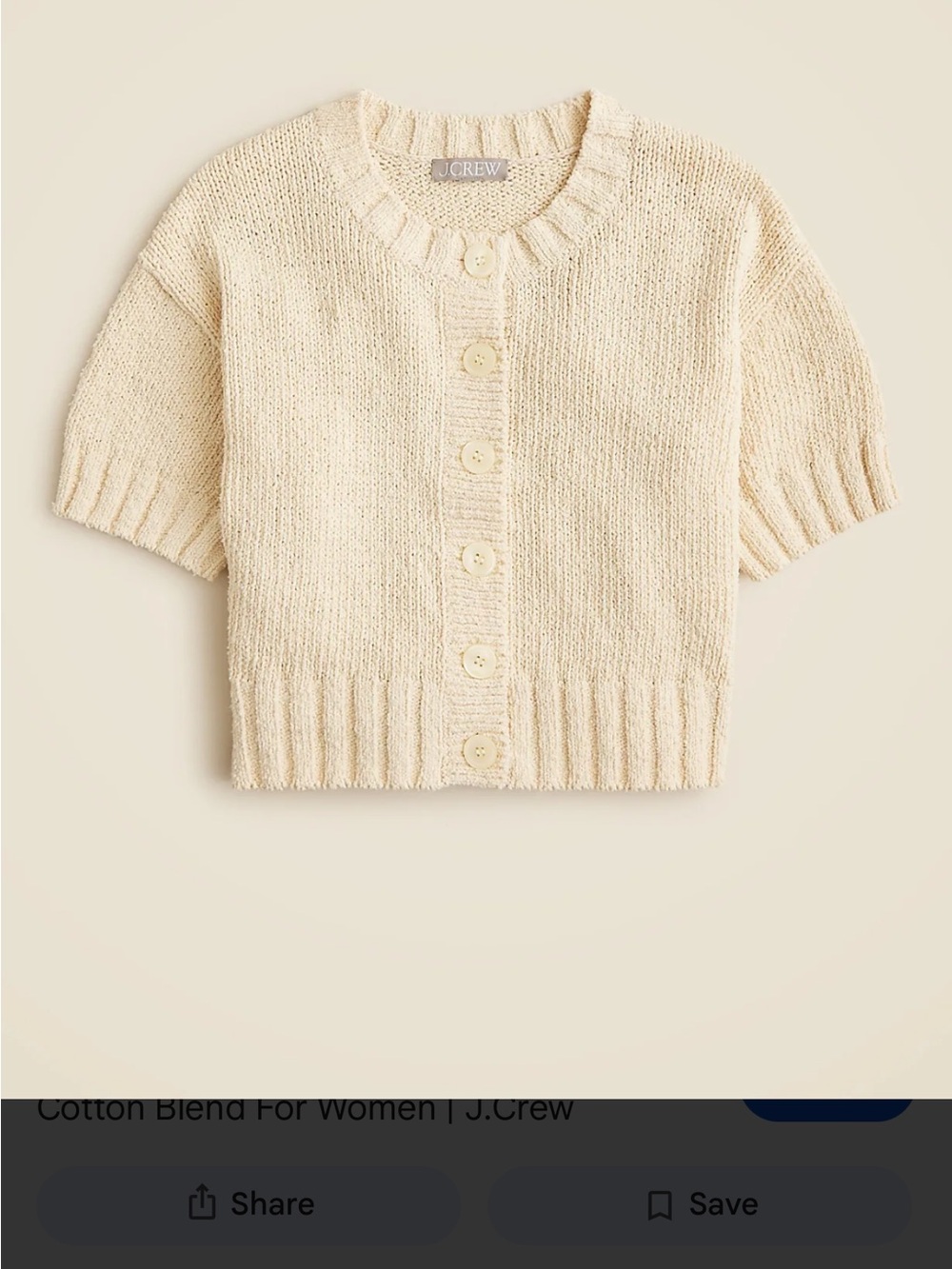 J. Crew Cream Short-Sleeve Button-Up Knit Cardigan